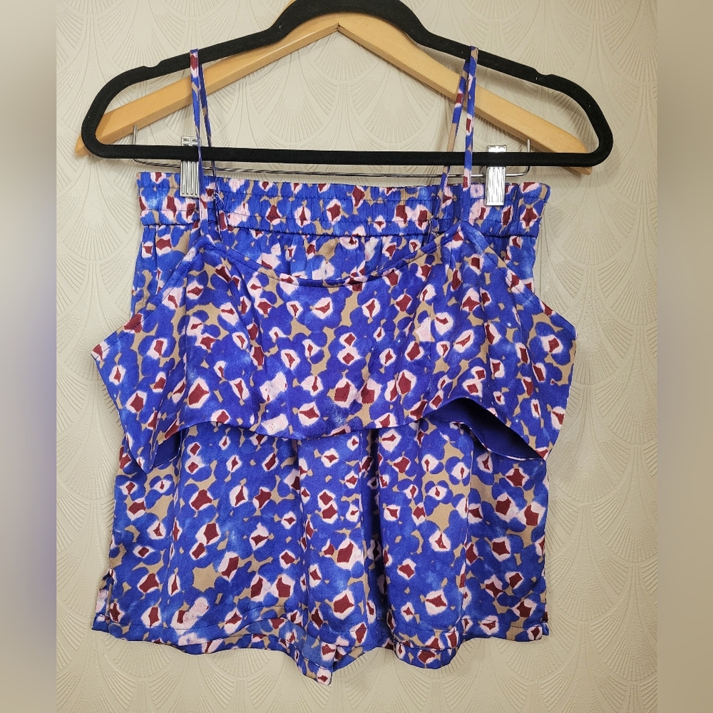 Women’s Open Edit Blue Abstract 2 piece Satin Set Bandeau Large Shorts Medium
